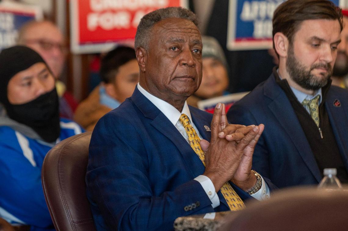 Frank White, Jackson County Executive, attends a legislature meeting at the Jackson County Courthouse on Monday, Dec. 18, 2023, in Kansas City. Low-wage workers objected to public funding for a new Royals stadium without a strong Community Benefits Agreement ensuring living-wage jobs and affordable housing.
