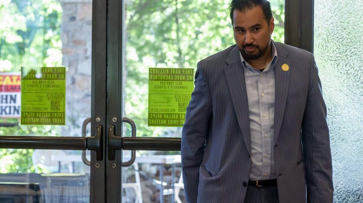 Manuel Abarca IV, Jackson County's 1st District legislator, arrives during a town hall meeting on Tuesday, June 2, 2026, in Independence. The meeting focused on opposition to the proposed Nebius data center project.