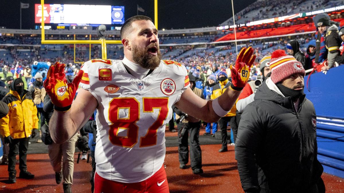 Here is Kansas City Chiefs tight end Travis Kelce leaving the field in Buffalo after the Chiefs defeated the Bills in January in an AFC Divisional Round playoff game. But it was his pregame outfit that earned him a Webby Award nomination.