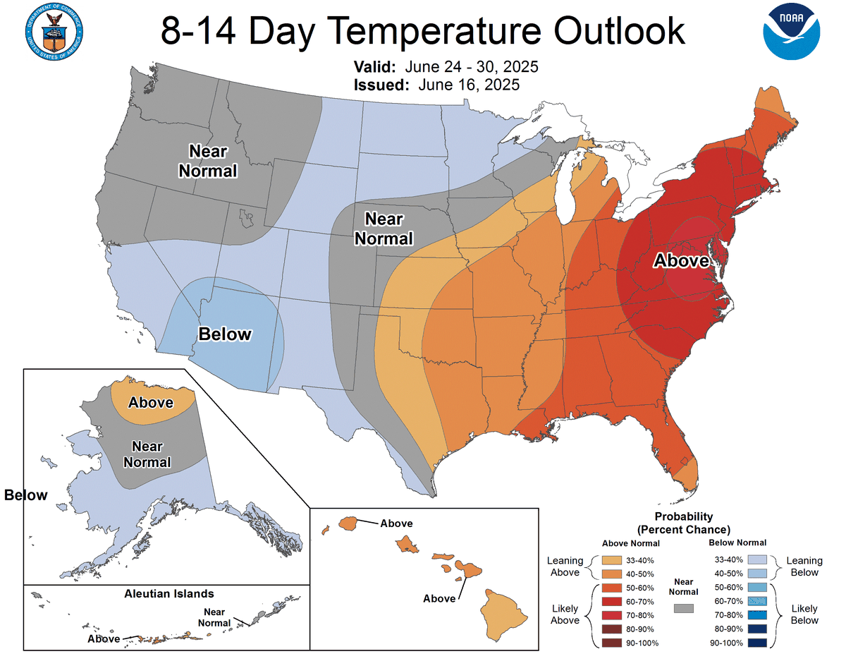 The extended forecast suggests that this weekend hot weather will persist into next week, with temperatures leaning above normal through the end of the month, according to the National Weather Service’s Climate Prediction Center.