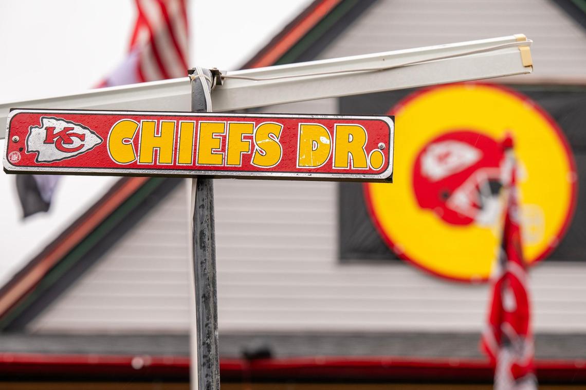 A sign that says ‘Chiefs Dr.’ is displayed on the front lawn of Dennis Basye’s home, a dedicated Kansas City Chiefs super fan, on Sunday, Feb. 4, 2024, in Sedgwick, Kansas. Basye, who has been collecting Chiefs merchandise for five years, annually enhances his house display with new additions.