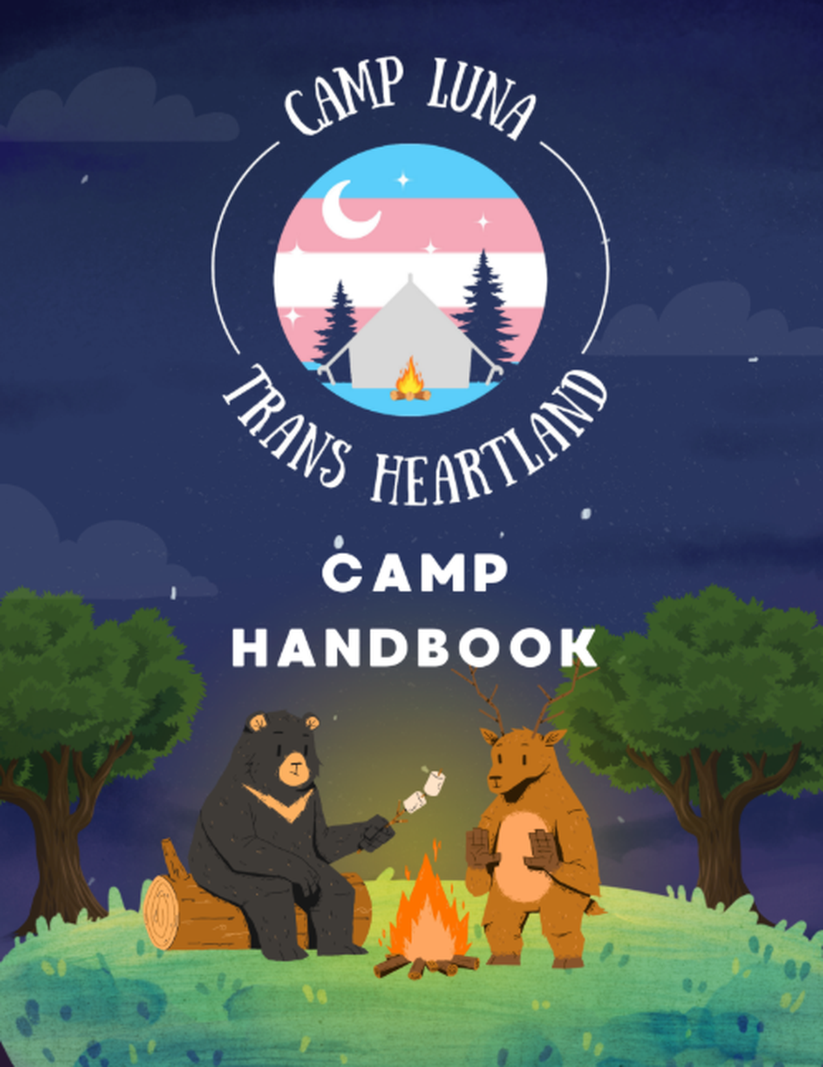 An image with the words “Camp Luna Trans Heartland, Camp Handbook,” with an emblem of a tent with a trans flag colored sky. There is a computer drawing of cartoon animals with marshmallow sticks at a campfire.