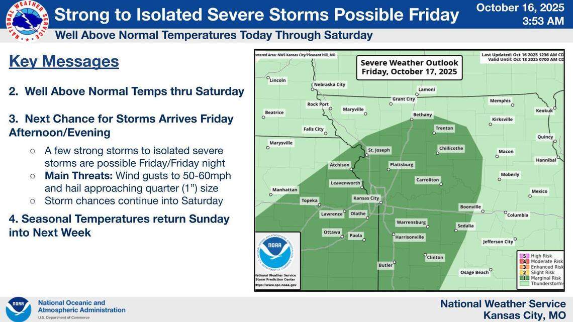 Strong storms are possible Friday evening around Kansas City, according to the National Weather Service. The storms could bring strong, gusty winds and quarter-size hail.