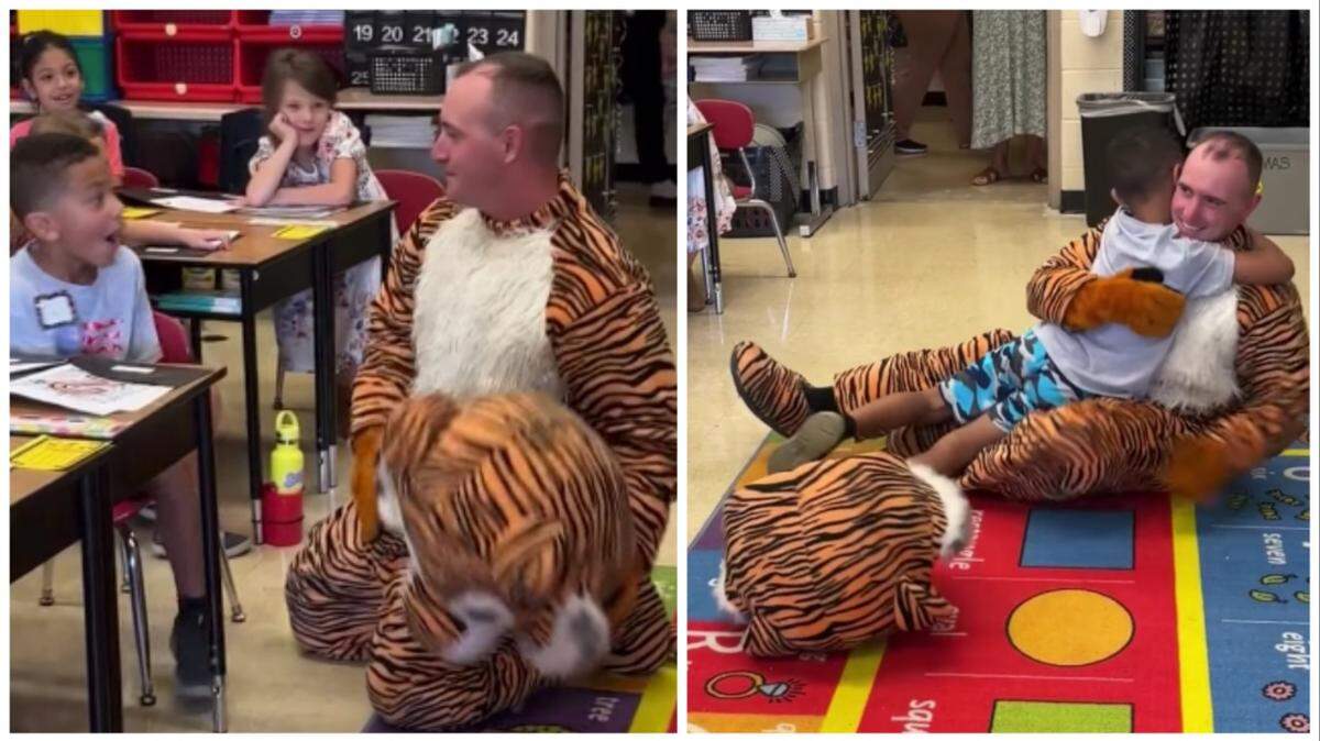 A soldier who had been deployed for a year surprised his son on his first day of second grade.