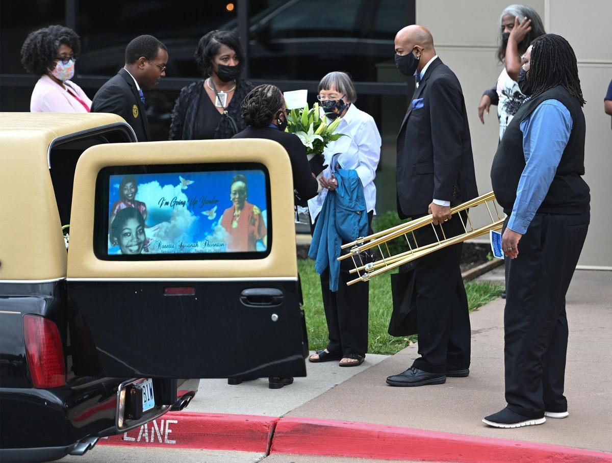 Images of Rosetta Thornton, Kevin Strickland’s mother, were displayed on a hearse after her funeral Saturday, Sept. 4, 2021, at Graceway Church in Raytown. Strickland was unable to attend her funeral.