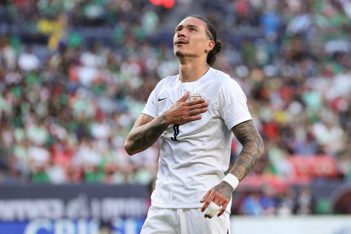 Uruguay forward Darwin Gabriel Nunez (9) celebrates after his goal in the first half against Mexico at Empower Field on June 5, 2024.