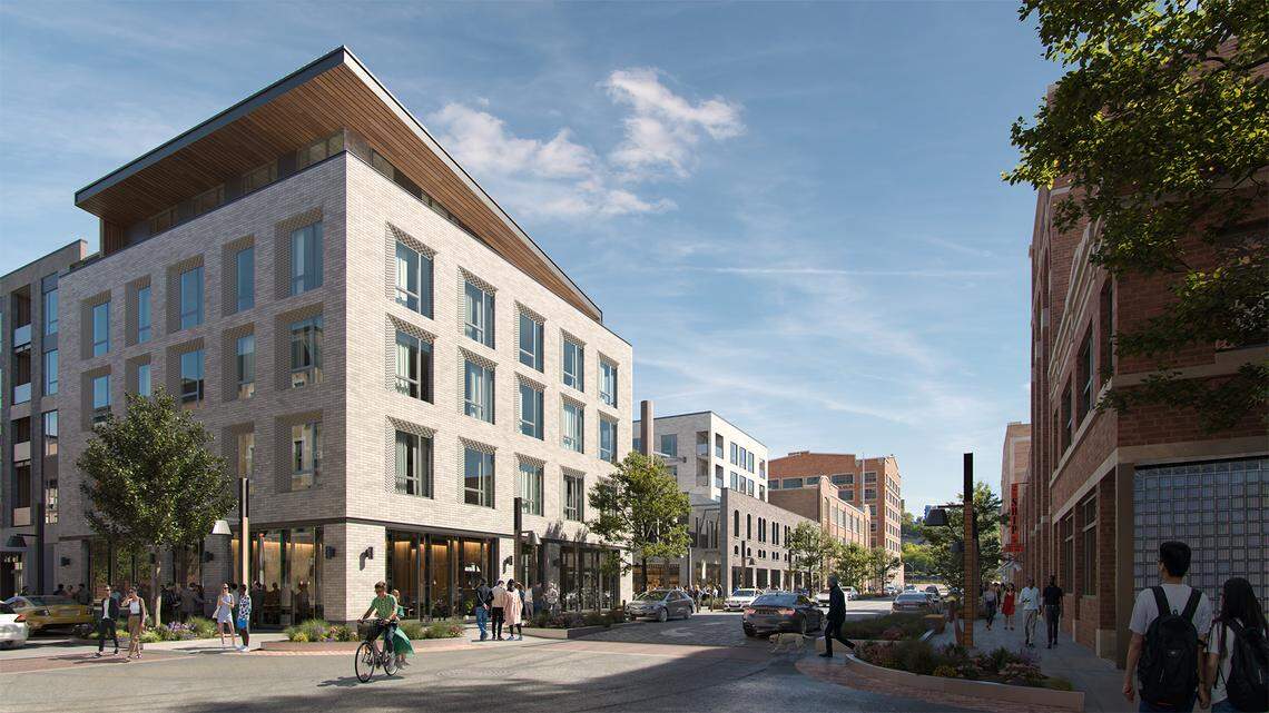 A view east down Union Avenue. Rendering of The Henning, a new apartment and retail complex at the northeast corner of the intersection of Union Avenue and Mulberry Street.