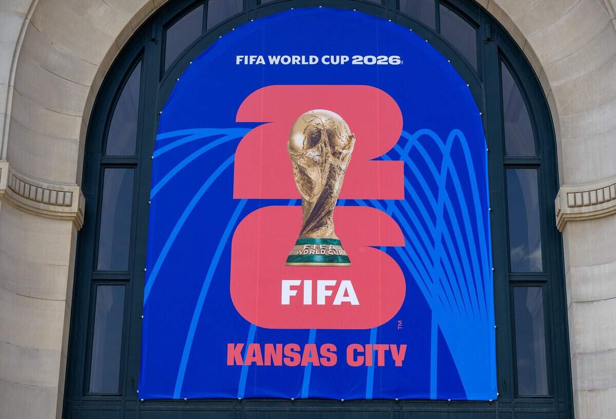A banner featuring the Kansas City FIFA World Cup logo is seen on displayed at Union Station on Tuesday, June 9, 2026, in Kansas City.