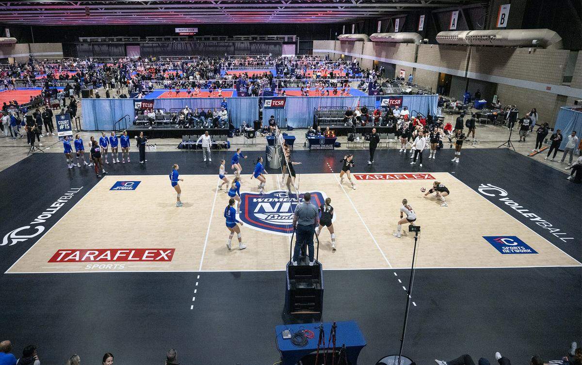 Volleyball competition was underway at The Triple Crown NIT (National Invitational Tournament), an elite-level youth volleyball tournament on Sunday, Feb. 15, 2026, at Bartle Hall at the Kansas City Convention Center. As one of the nation's premier youth volleyball events, this year's tournament drew 687 teams and roughly 40,000 attendees.