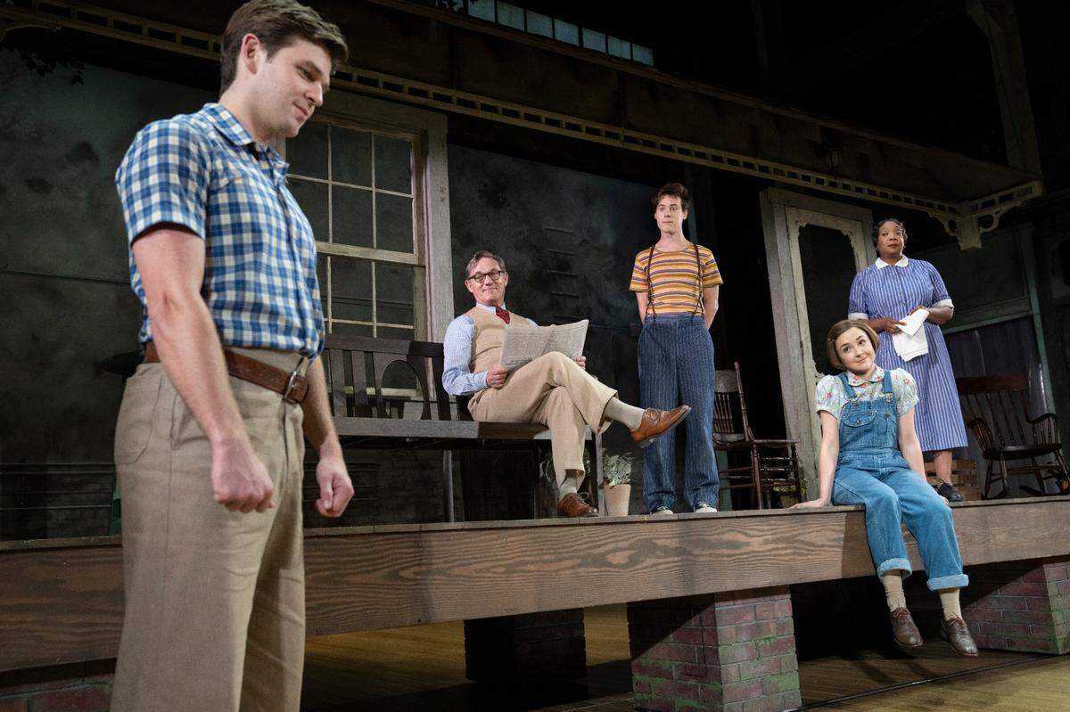 A scene from “To Kill a Mockingbird,” with, from left, Justin Mark (Jem Finch), Richard Thomas (Atticus Finch), Steven Lee Johnson (Dill Harris), Maeve Moynihan (Scout Finch) and Jacqueline Williams (Calpurnia).