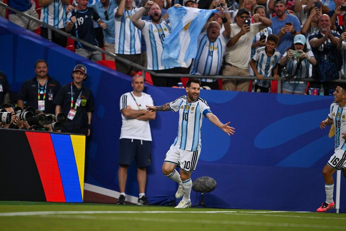 Argentina forward Lionel Messi (10) celebrates after scoring the first goal of the Argentina vs. Algeria FIFA World Cup group-stage soccer match at Kansas City (Arrowhead) Stadium in Kansas City on Tuesday, June 16, 2026.