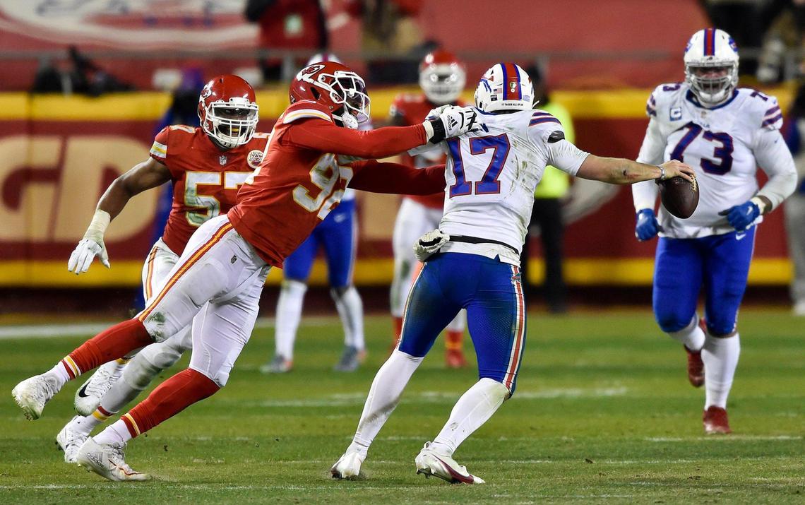 Kansas City Chiefs defensive end Tanoh Kpassagnon sacks Buffalo Bills quarterback Josh Allen in the fourth quarter of the AFC Championship Game between the Chiefs and the Buffalo Bills Sunday Jan. 24, 2021. The Chiefs defeated the Bills 38-24 and will return to the Super Bowl.