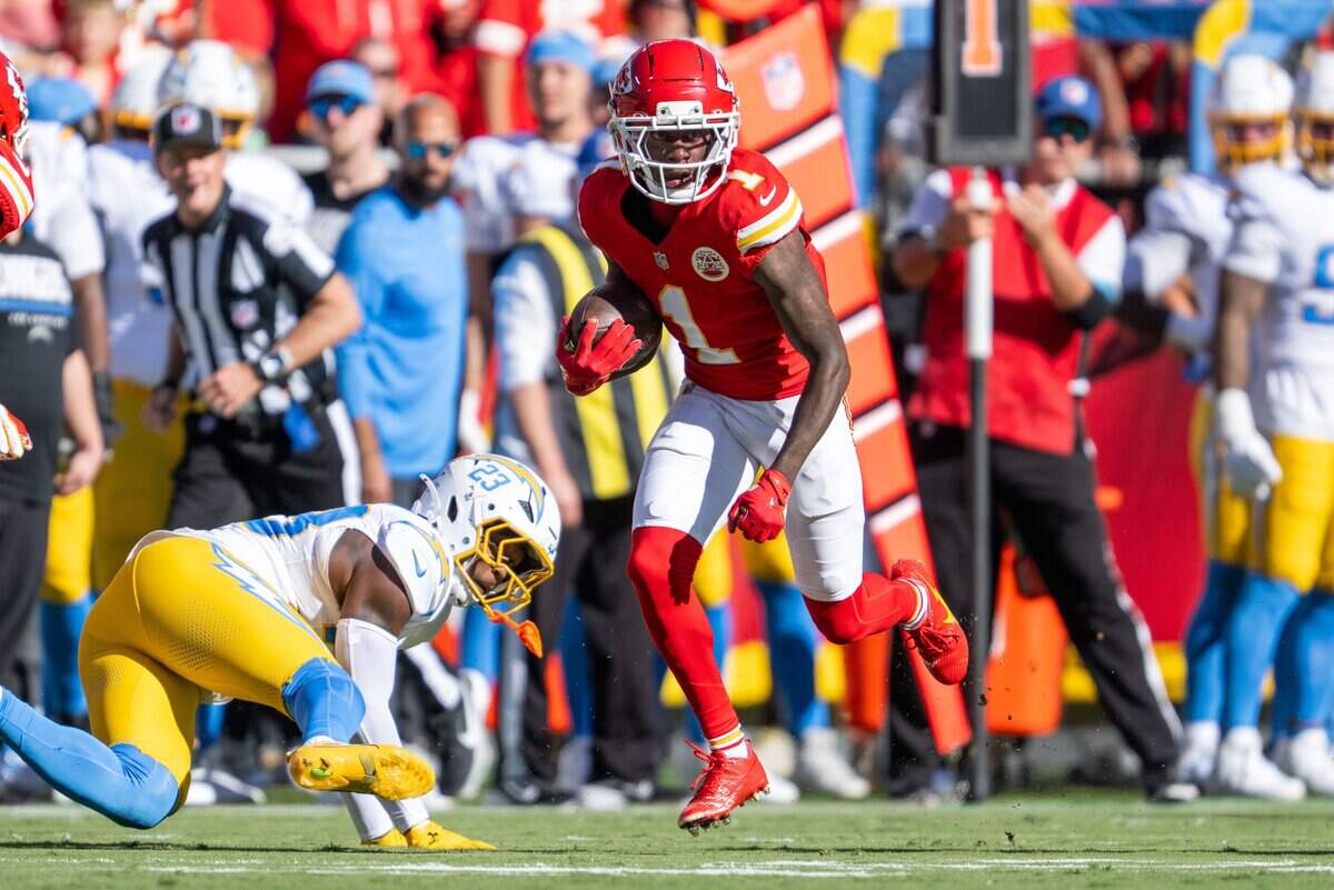 Kansas City Chiefs wide receiver Xavier Worthy (1) runs after a catch in the first half of the Chiefs game vs. the Los Angeles Chargers, on Sunday, October 18, 2026, at Arrowhead Stadium.