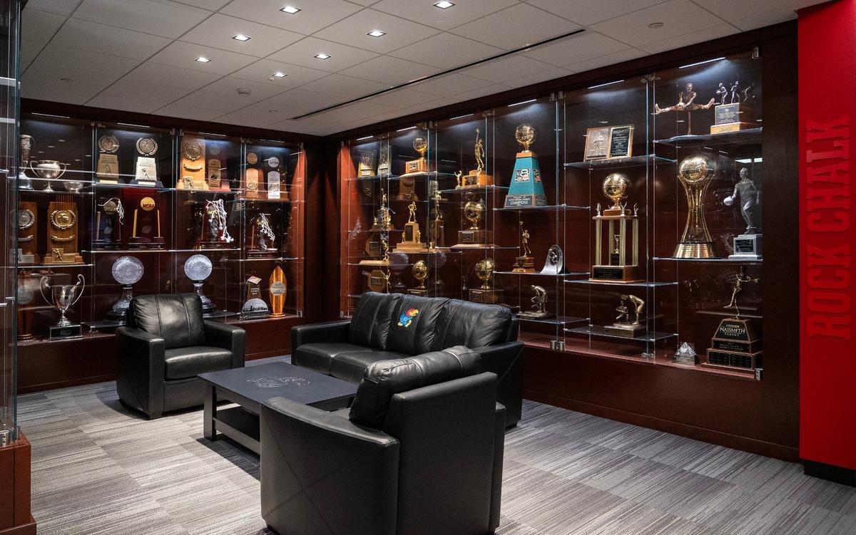 An array of trophies greets visitors to the Kansas men’s basketball offices adjacent to Allen Fieldhouse.