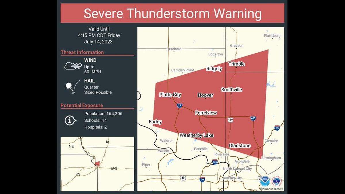 A severe thunderstorm warning was issued for parts of Kansas City’s Northland after storms started popping up near Smithville, Missouri.