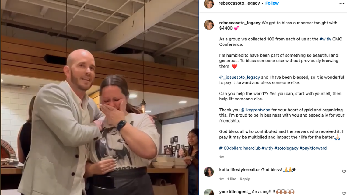 A waitress was shown receiving a $4,400 tip from a group “$100 dinner club” at an Arkansas restaurant.