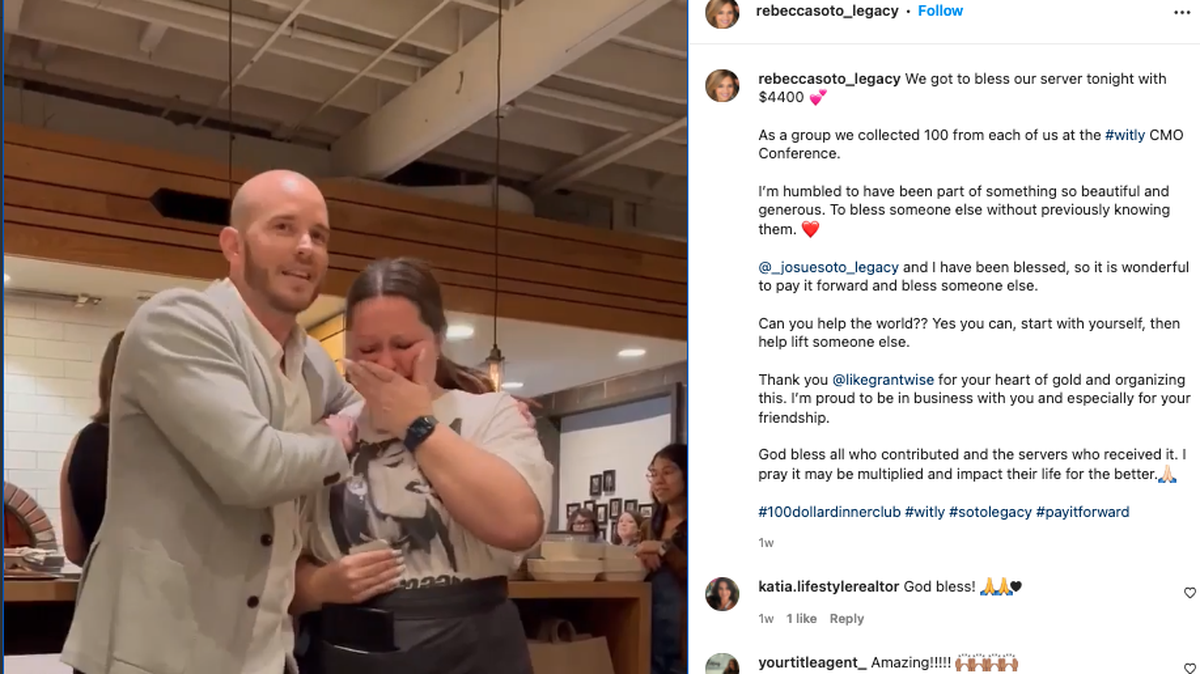 A waitress was shown receiving a $4,400 tip from a group “$100 dinner club” at an Arkansas restaurant.
