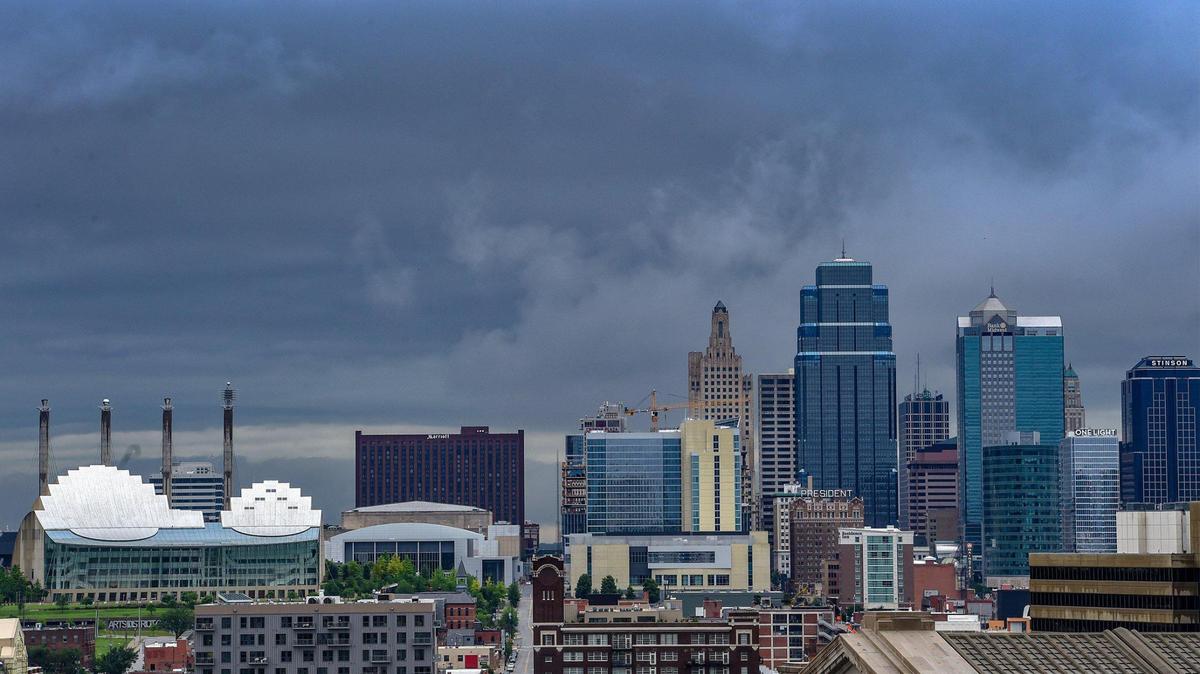 Clouds surround the skyline on as storms moved through the Kansas City area on Saturday, July 10, 2021.