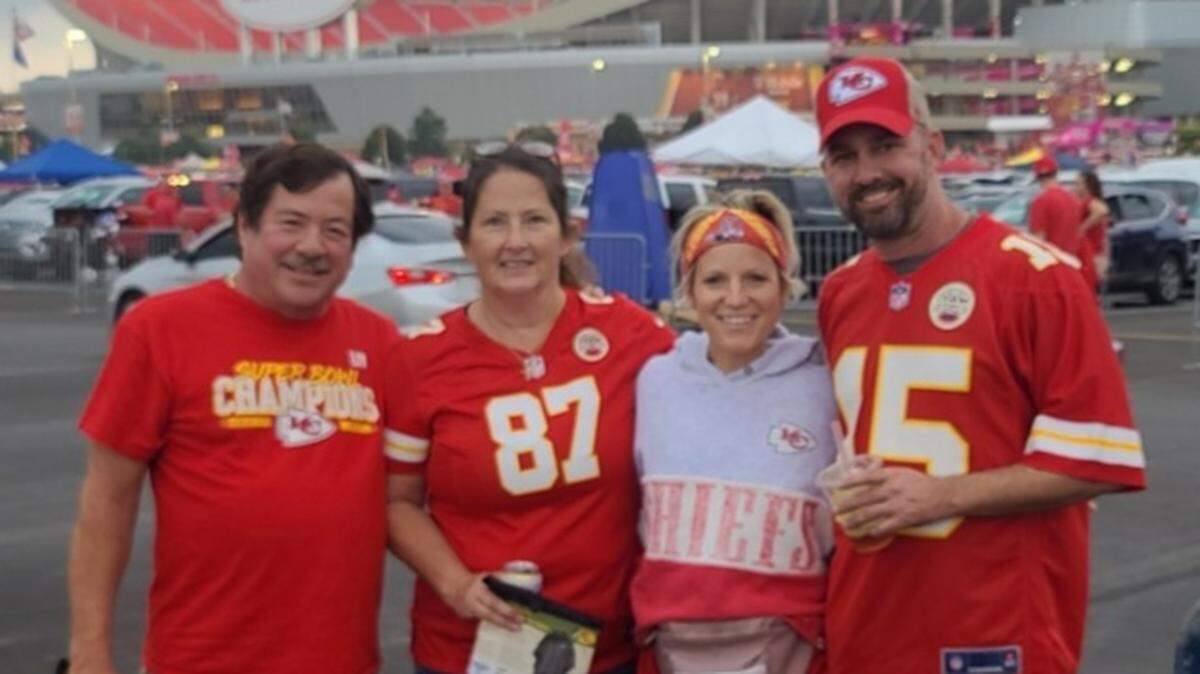Laurie Hickle and her husband Steve, 66, who was killed last month in a hit and run accident outside of Arrowhead Stadium. The Wichita couple had been longtime season ticket holders and decided to leave the game following a rain delay. Steve Hickle was struck by three vehicles as he tried to stop traffic so he and his wife could cross the street to get to the vehicle parked in a nearby church parking lot. This photo was taken at the Kansas City Chiefs game on the day he was struck by the hit-and-run drivers.