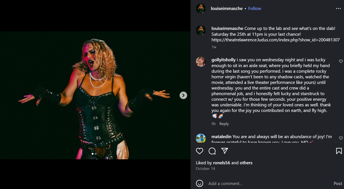Louise ImMasche was killed in a two-vehicle crash Friday night in Lawrence after a sold-out performance of “The Rocky Horror Picture Show” where they played Dr. Frank-N-Furter. 
