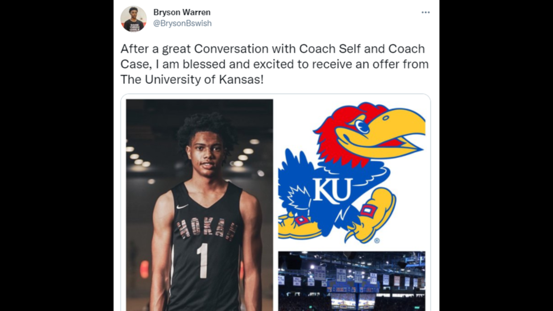 A tweet from Arkansas high school hoops prospect Bryson Warren about KU’s interest.
