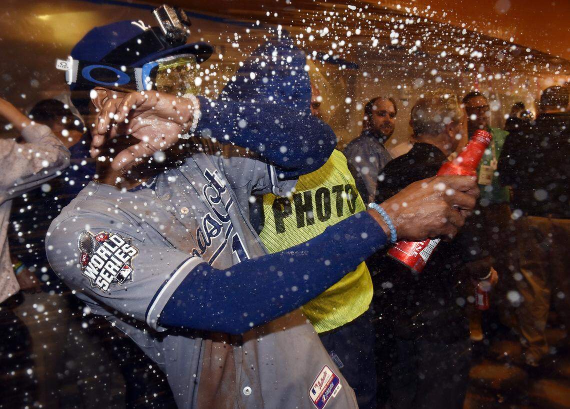 Kansas City Royals center fielder Jarrod Dyson celebrated in the clubhouse with a champagne shower after the Royals won the World Series on Sunday, November 1, 2015 at Citi Field in New York.