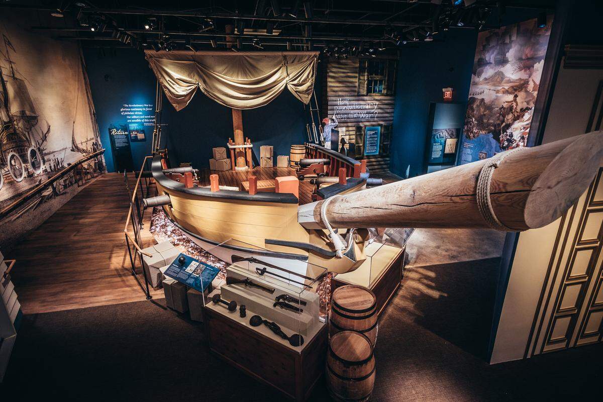 A privateer ship is on display at the Museum of the American Revolution in Philadelphia.