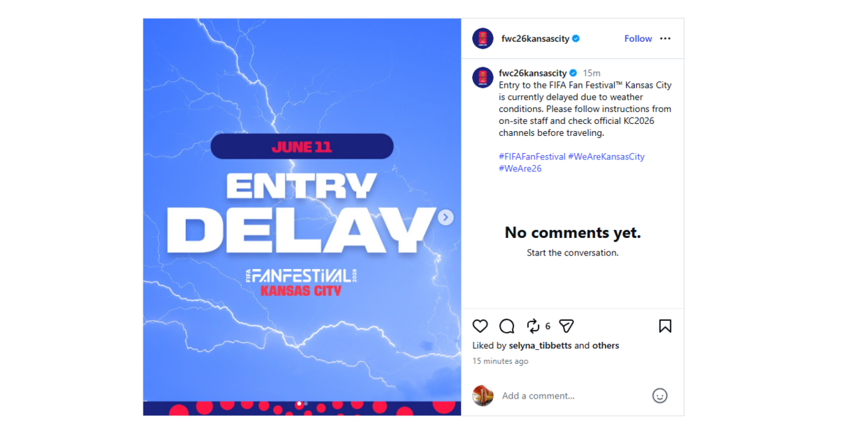 KC 2026 announced on social media that entry to Fan Fest had been delayed, but that as of 1:33 p.m., the organization is now letting people in.