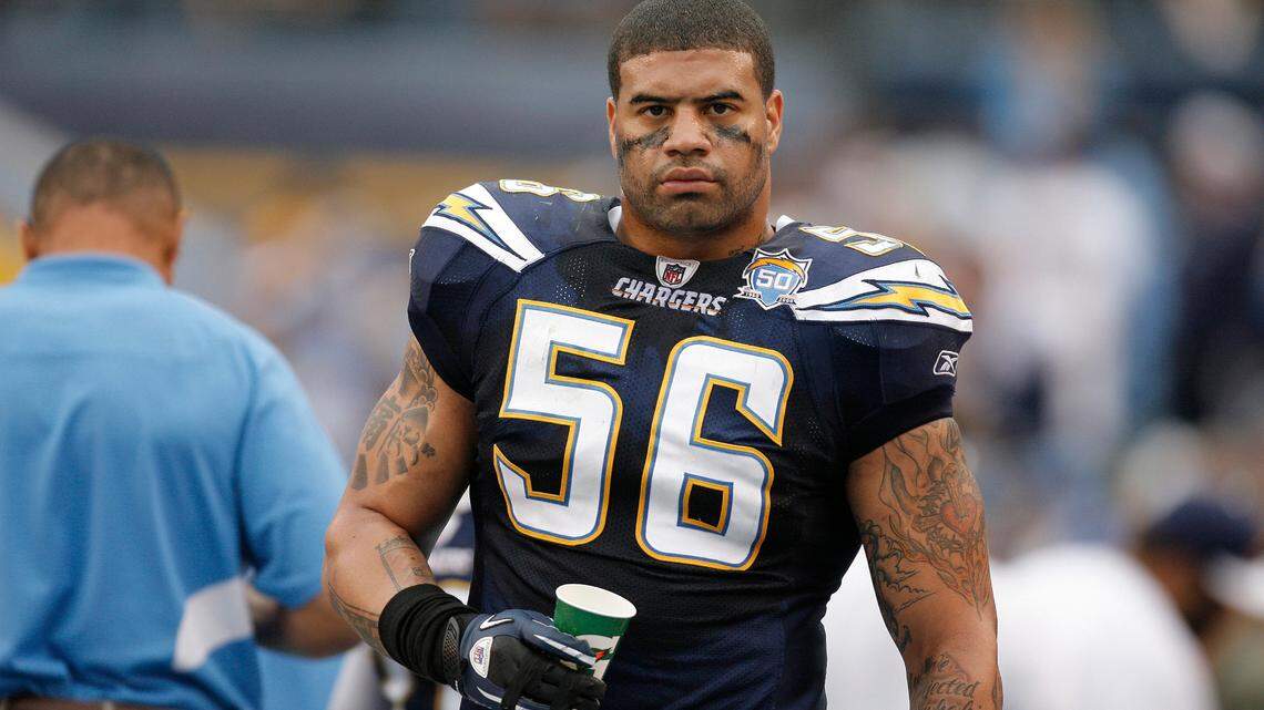 San Diego Chargers linebacker Shawne Merriman (56) paces the bench area during an NFL game against the New York Jets, Sunday, Jan. 17, 2010 in San Diego. The Jets won the game, 17-14. (AP Photo/Greg Trott) ORG XMIT: GTCA01