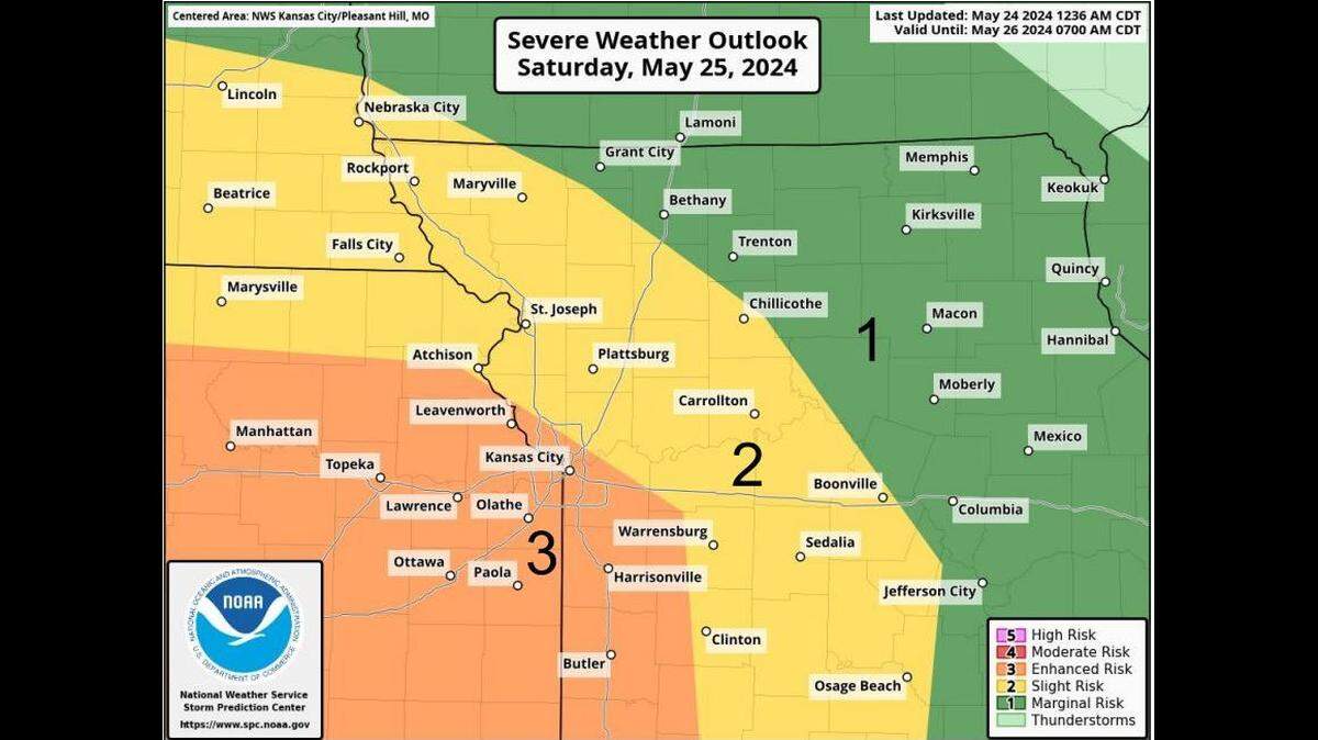 It will be a stormy Memorial Day holiday weekend in the Kansas City area. Powerful thunderstorms are expected to move through the Kansas City area overnight Saturday. The National Weather Service’s Storm Prediction Center has placed the Kansas City metro at an enhanced risk for severe weather. The main threats are damaging winds gusting up to 70 mph and large hail up to the size of golf balls. The tornado threat is low but not zero. There will also be a risk for moderate to heavy rainfall. 