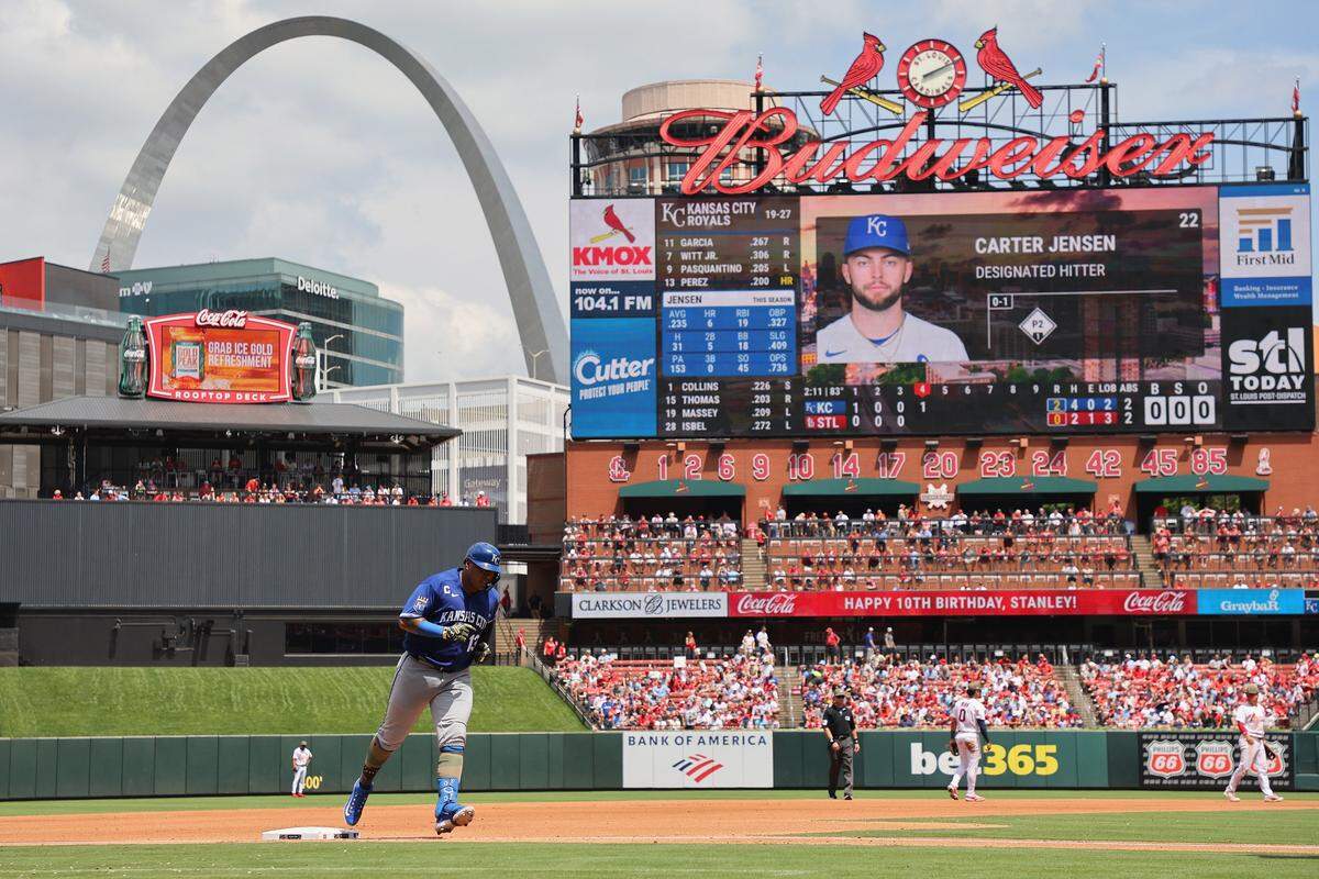Kansas City Royals catcher Salvador Perez rounds the bases after hitting a solo home run against the Cardinals during the fourth inning of an I-70 Series finale at Busch Stadium in St. Louis on Sunday, May 17, 2026.