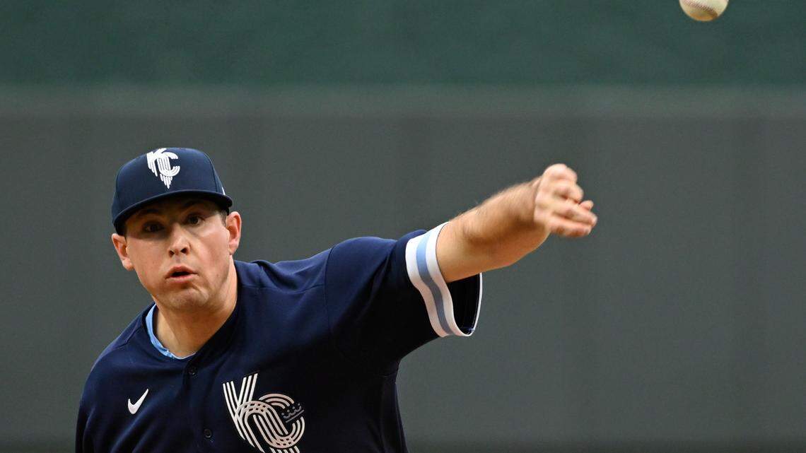 Kansas City Royals starting pitcher Kris Bubic throws against the St. Louis Cardinals during the first inning of a baseball game, Wednesday, May 4, 2022 in Kansas City, Mo. (AP Photo/Reed Hoffmann)