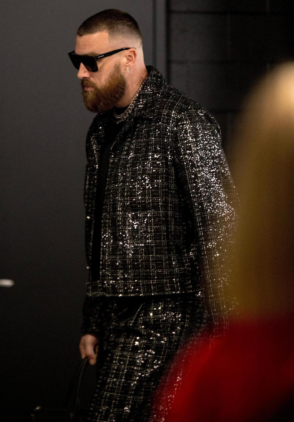 Travis Kelce arriving at Allegiant Stadium for Super Bowl LVIII on Feb. 11, 2024, in Las Vegas.