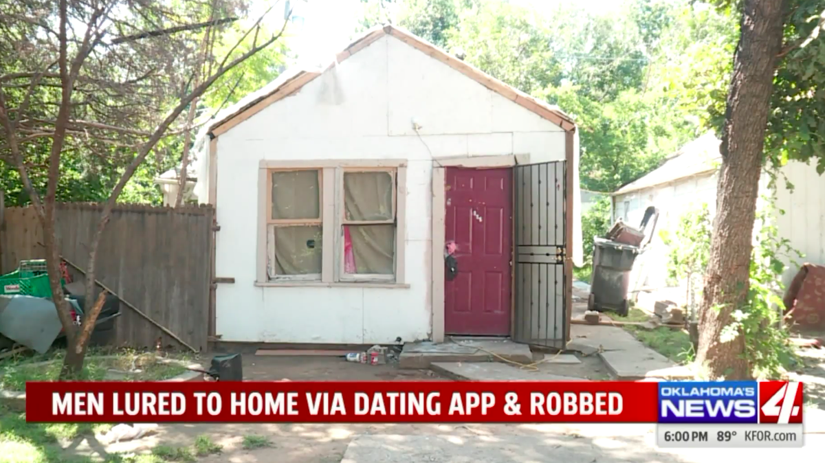 Police say suspects in Oklahoma City lured men to a dark home, pictured here, using the dating app Grindr, then forced them to the ground at gunpoint asking for money and personal information. Deaunte McPherson was arrested.