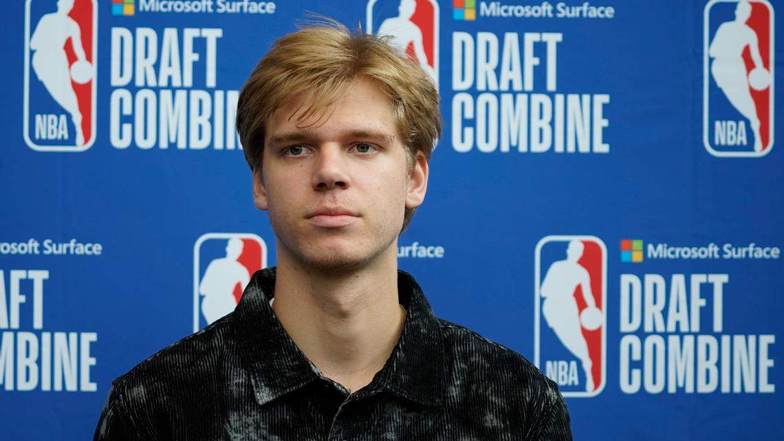 Gradey Dick talks to the media during the 2023 NBA Draft Combine at Wintrust Arena in Chicago on May 17, 2023.