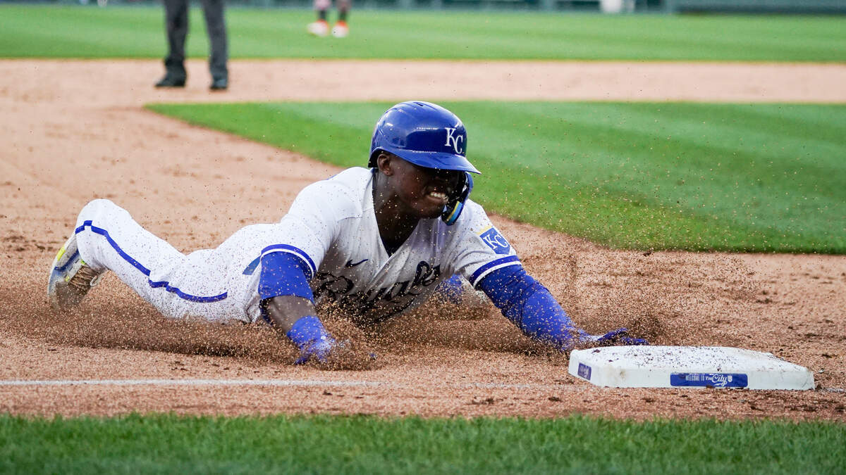 Kansas City Royals right fielder Dairon Blanco (44) reaches on a one-run triple against the Detroit Tigers in the third inning at Kauffman Stadium on July 18, 2023.