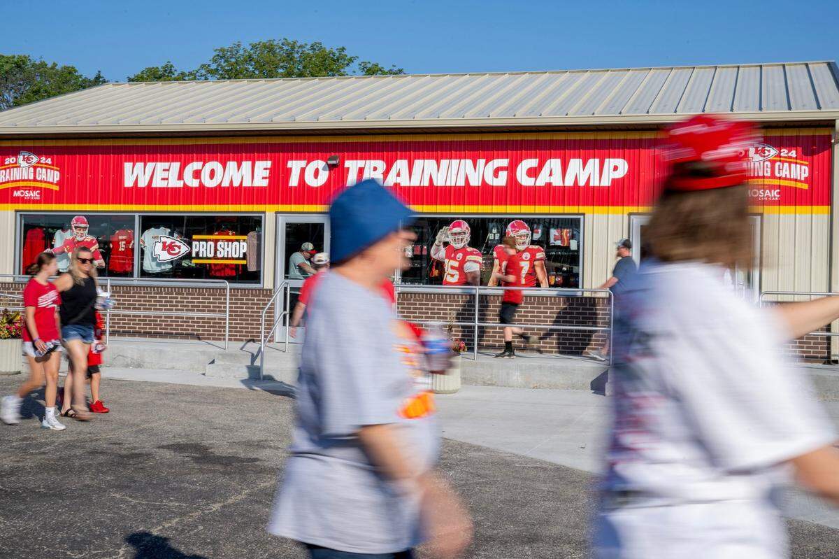 Chiefs fans can load up on fan gear to support their favorite team at the pro shop set up at the team’s training camp in St. Joseph.