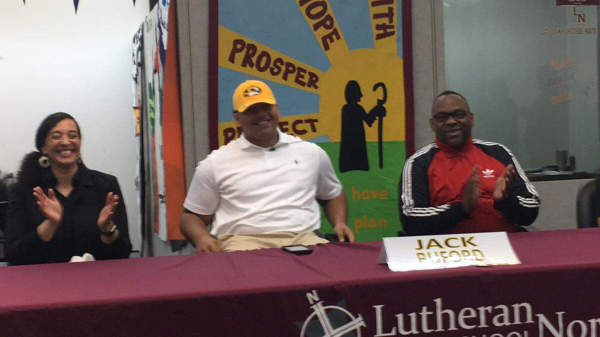 Jack Buford, center, a 2019 offensive line recruit from Lutheran North High in St. Louis, has committed to play football at Missouri.