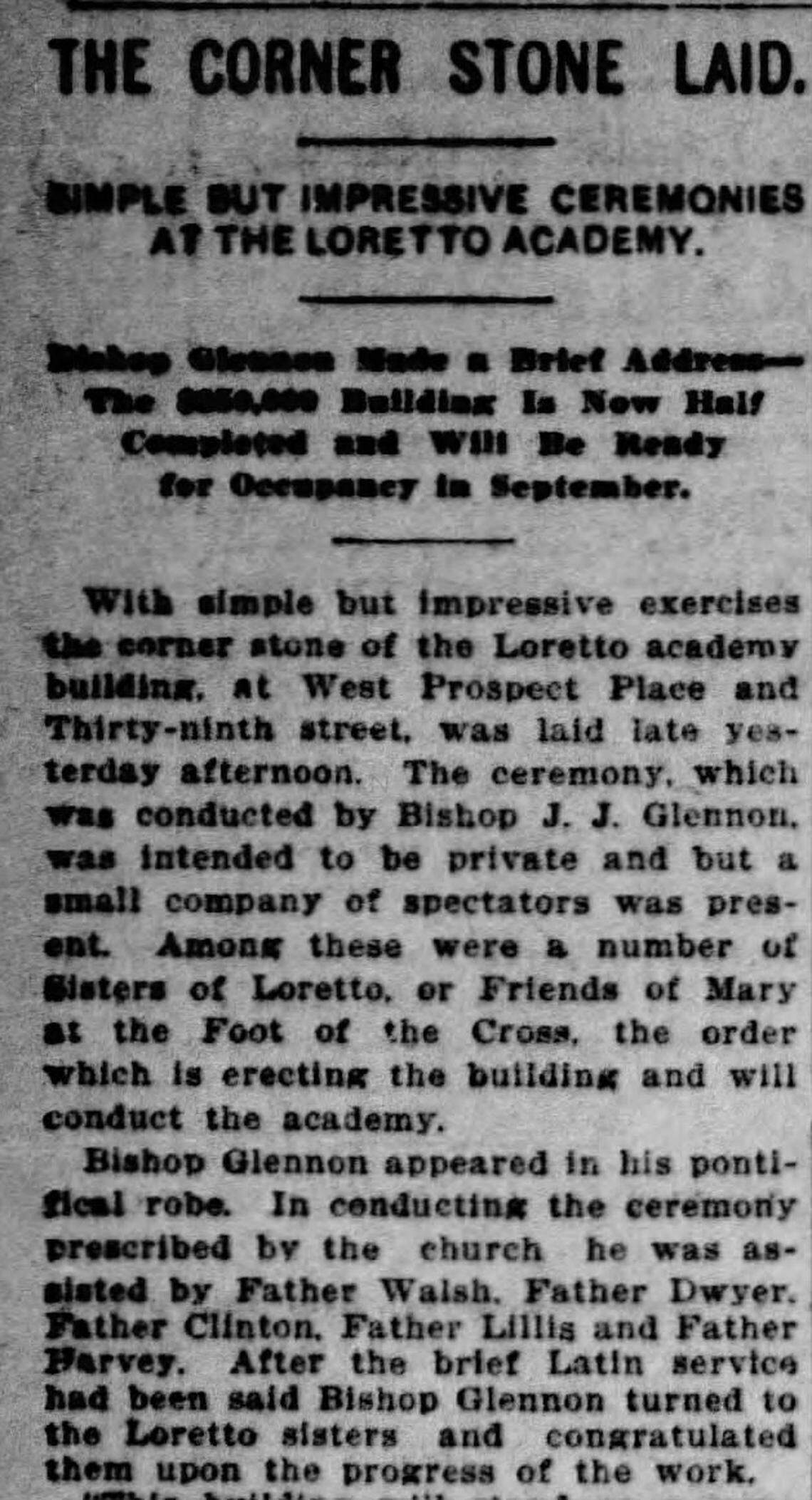 Catholic officials laid the cornerstone of the Loretto Academy, according to the April 25, 1903 edition of the Kansas City Times.