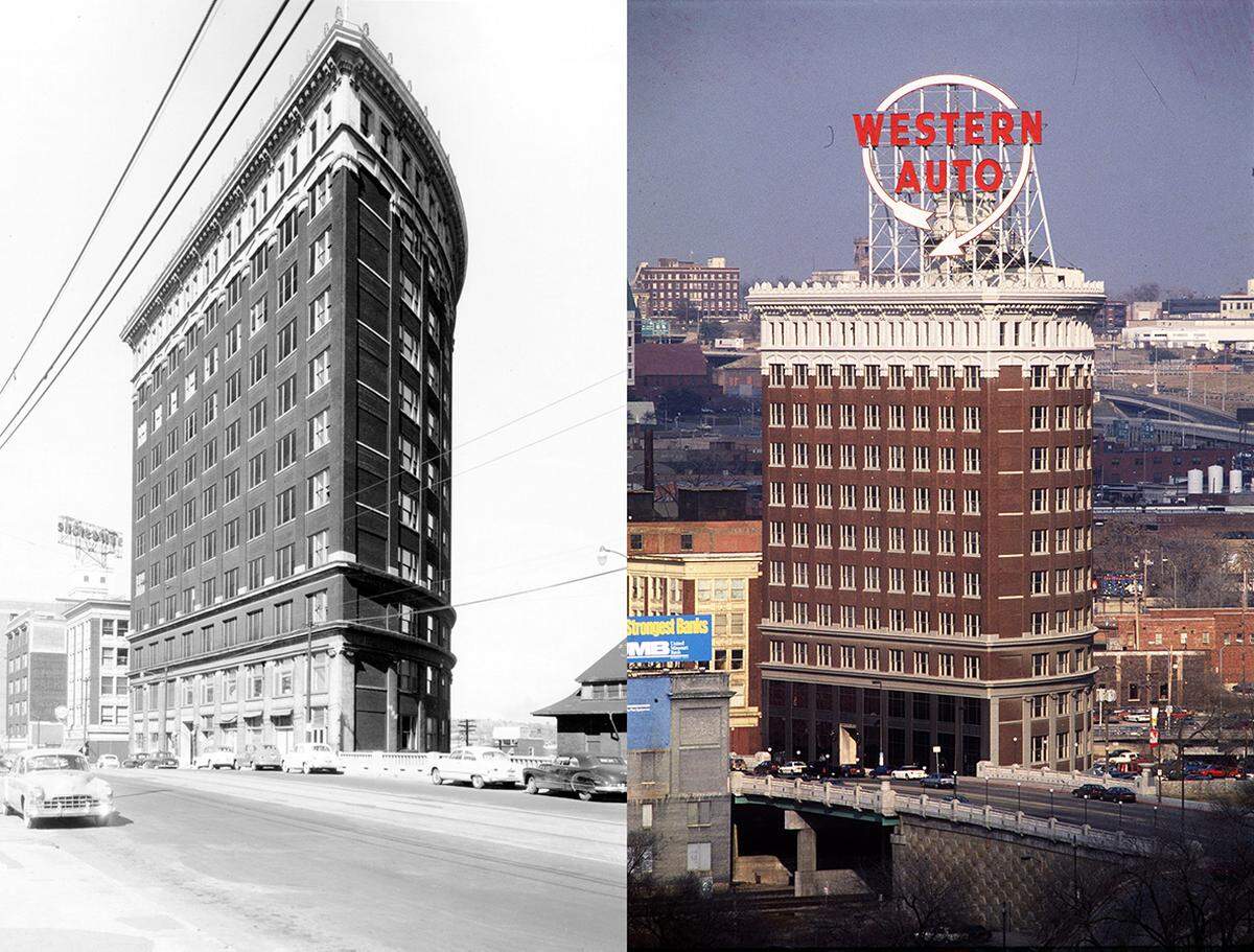 The Western Auto Building captured from the southwest circa 1950s.