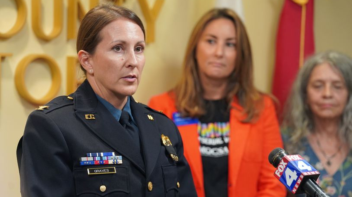 Police Chief Stacey Graves speaks at a news conference Aug. 11, 2923, outside the Jackson County Prosecutor’s Office.