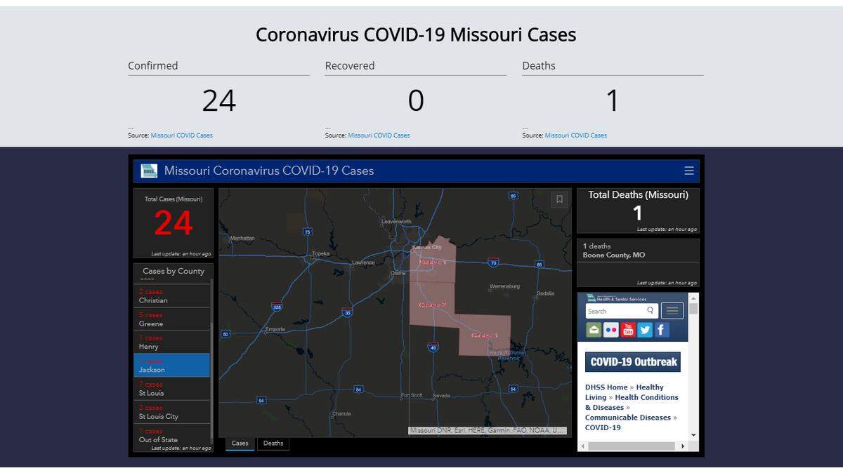 Screen shot of a Missouri website that coronavirus website that has information about COVID-19 as it affects the state.