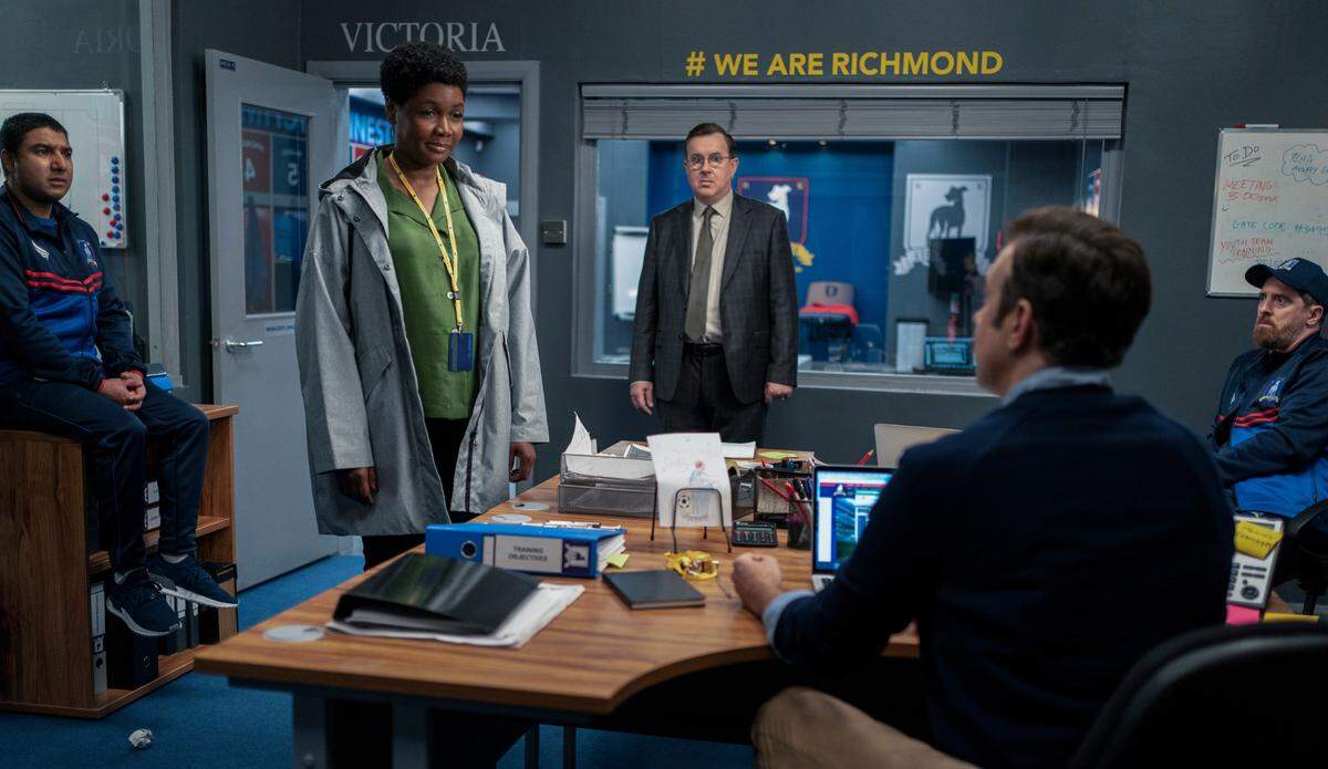 Season two of “Ted Lasso” introduces a new character, sports psychologist Sharon (Sarah Niles). Also starring, from left, Nick Mohammed, Jeremy Swift, Jason Sudeikis and Brendan Hunt.