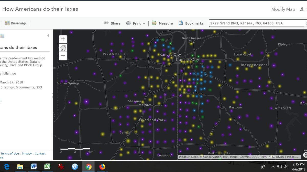 An interactive map shows who helps Kansas City area resident with their taxes. Blue dots show H&R Block dominated a location. Yellow dots show TurboTax did.