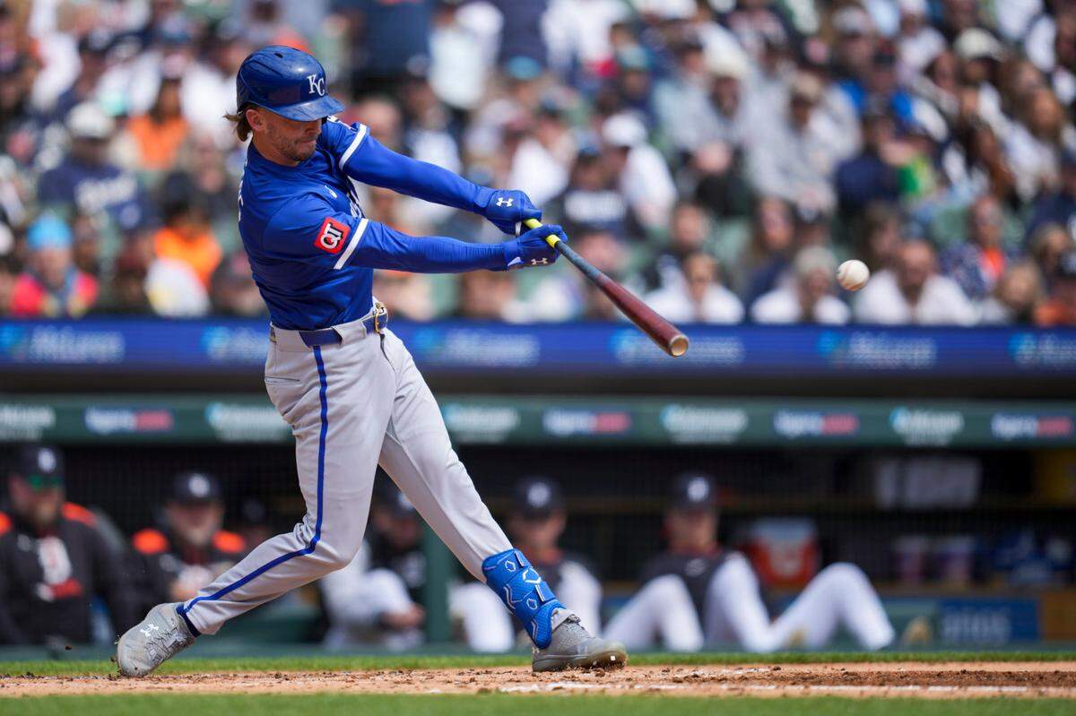Kansas City Royals outfielder Drew Waters hits an RBI single against the Tigers during a Major League Baseball game at Comerica Park in Detroit on Sunday, April 20, 2025.