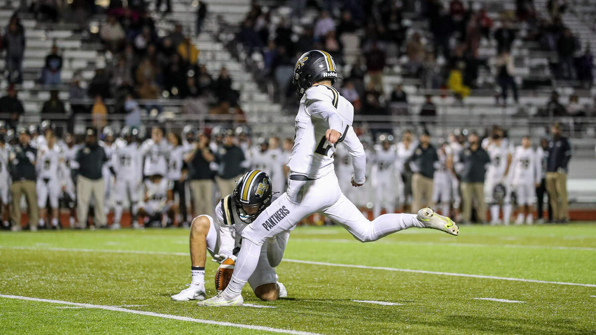 Raymore-Peculiar kicker Trey Kudron nailed the winning field goal during the third overtime of Friday night’s game against Park Hill in Kansas City.