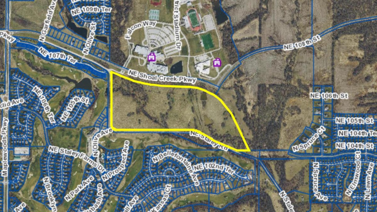 A North Kansas City-based developer is looking to build 200 single-family homes on an 87-acre parcel of land directly across from Staley High School, where enrollment has been growing rapidly in recent years, along Shoal Creek Parkway.