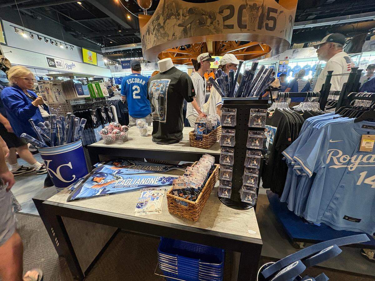 A Jac Caglianone display table at the entrance of the Royals team store at Kauffman Stadium on June 10, 2025.