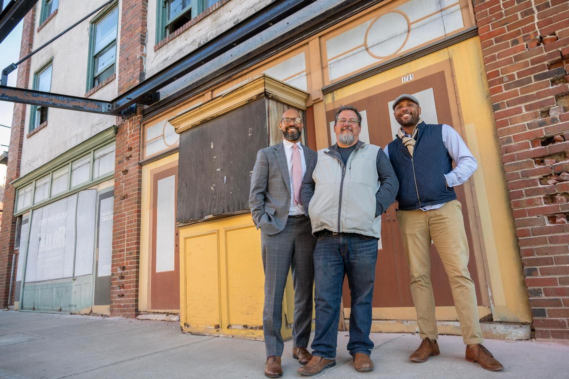 Jason Parson, left, Tim Duggan and Shomari Benton stand outside Boone Theater on Tuesday, Oct. 15, 2024, in Kansas City.