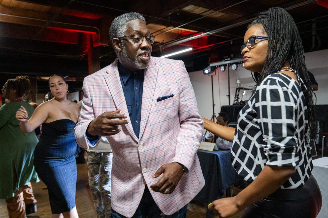 Timothy Pruitt dances with Michelle Smith during the open floor segment at The Big StepOff 2025, held on Oct. 18, 2025, in Kansas City. A slower, smoother dance style, two-stepping is a couples dance characterized by connection, romance, and grace, deeply rooted in Kansas City culture.